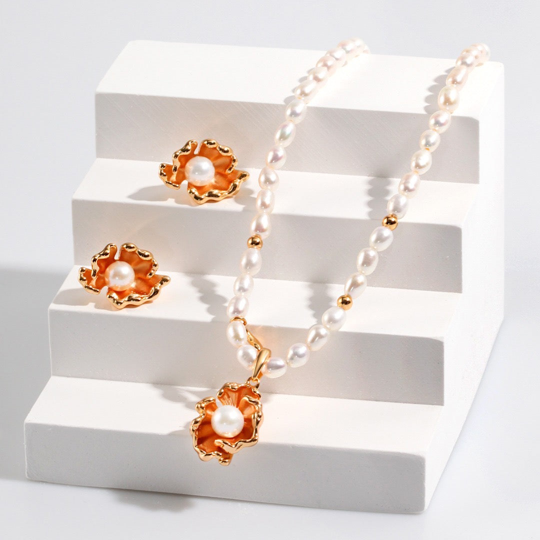 golden tide pearl jewelry earrings and necklace