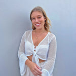 18k gold shell necklace stack on blonde model
