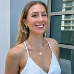 18k gold strand necklace stack on blonde model