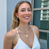 18k gold strand necklace stack on blonde model