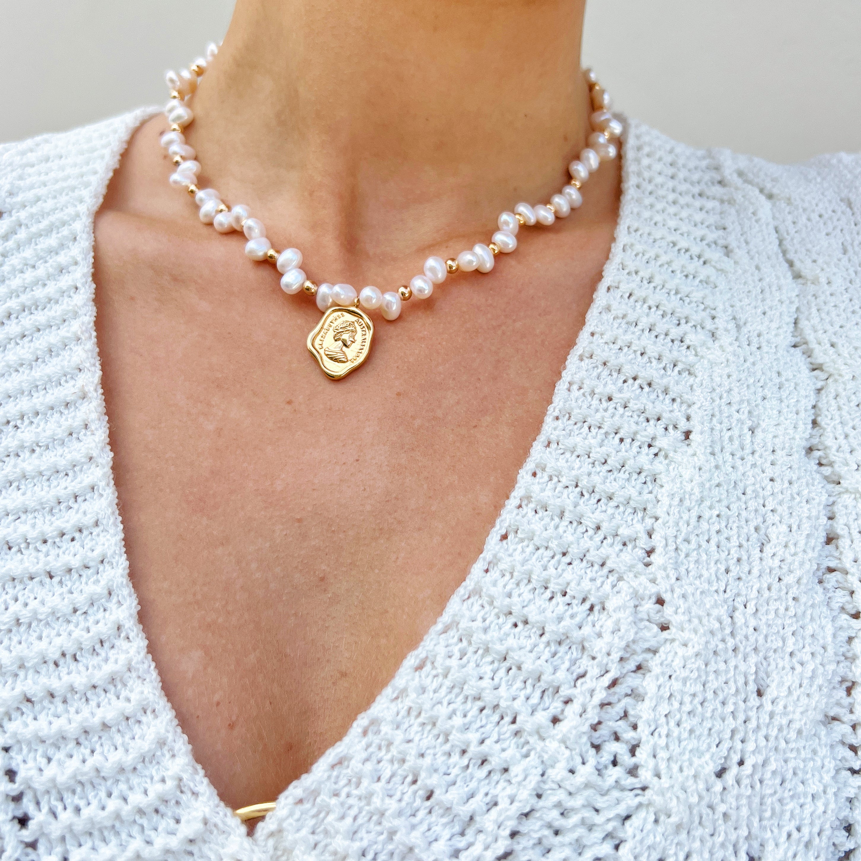 18k gold coin and freshwater pearl necklace