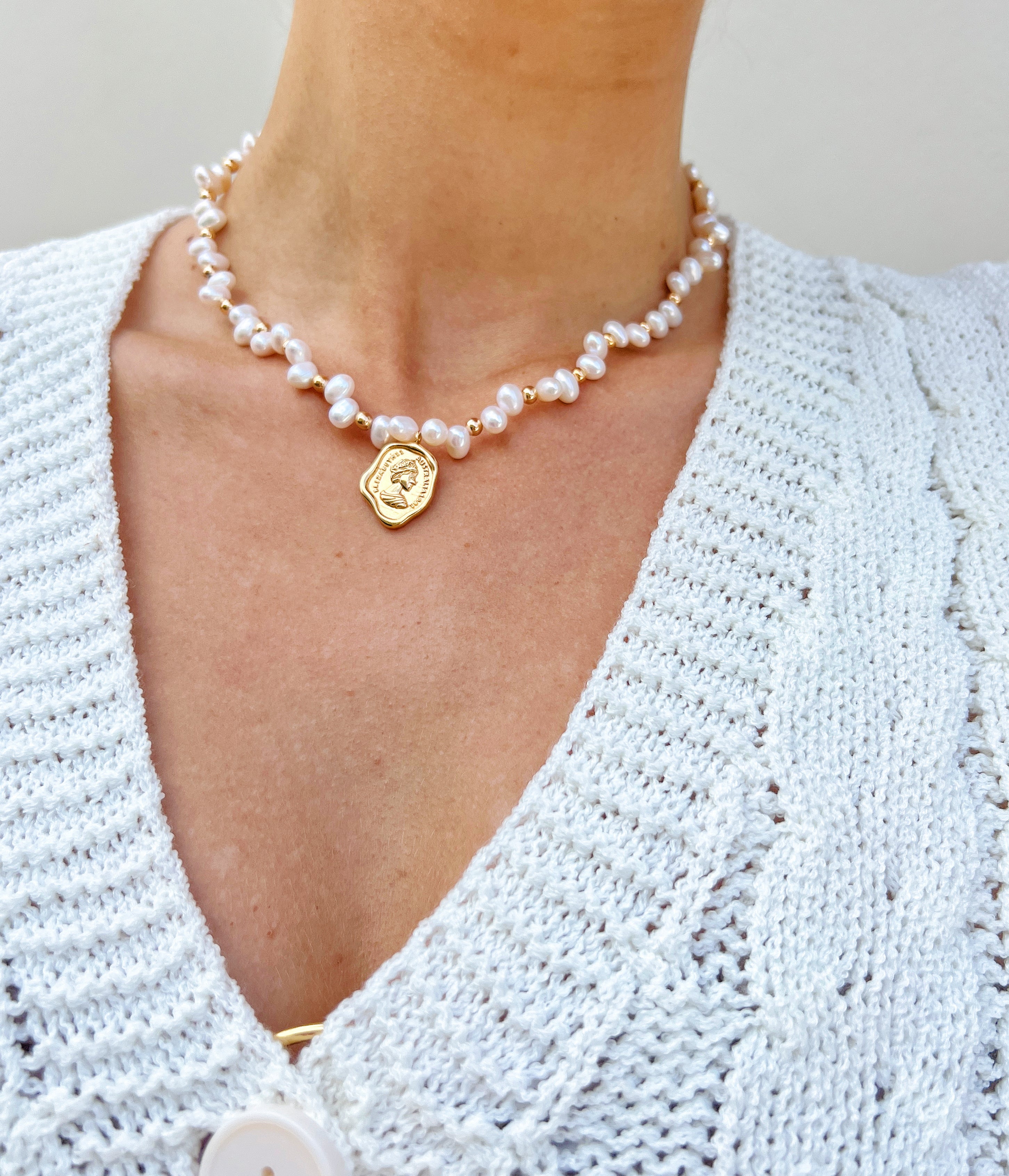 18k gold coin and freshwater pearl necklace